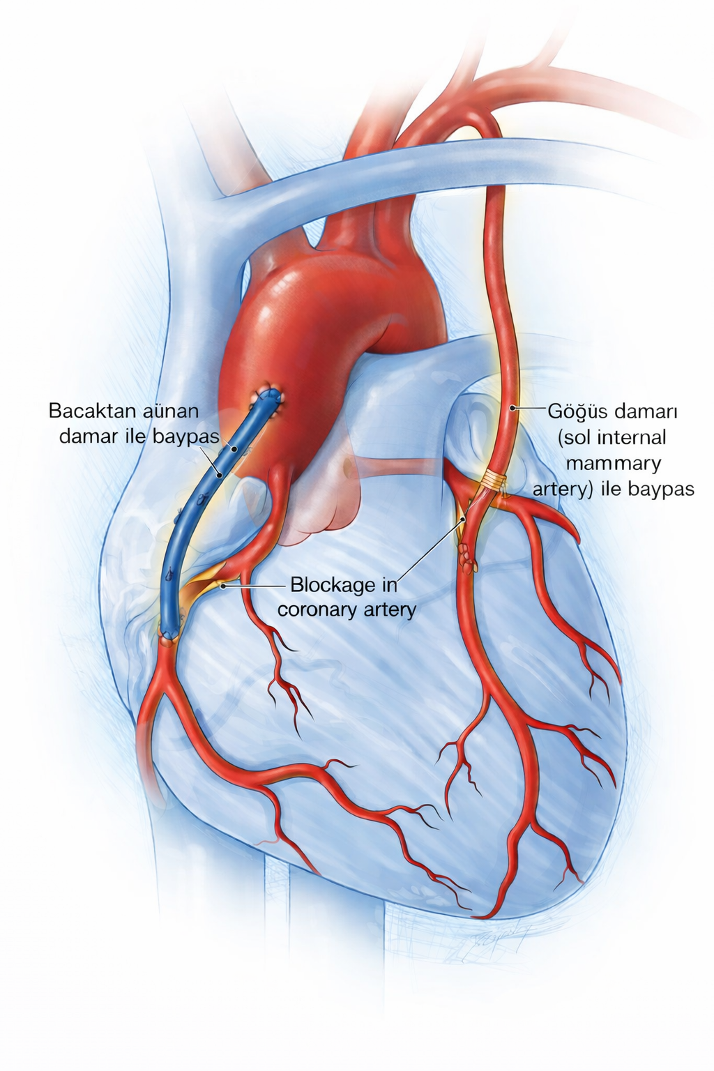Koroner bypass cerrahisi detaylı illustrasyon