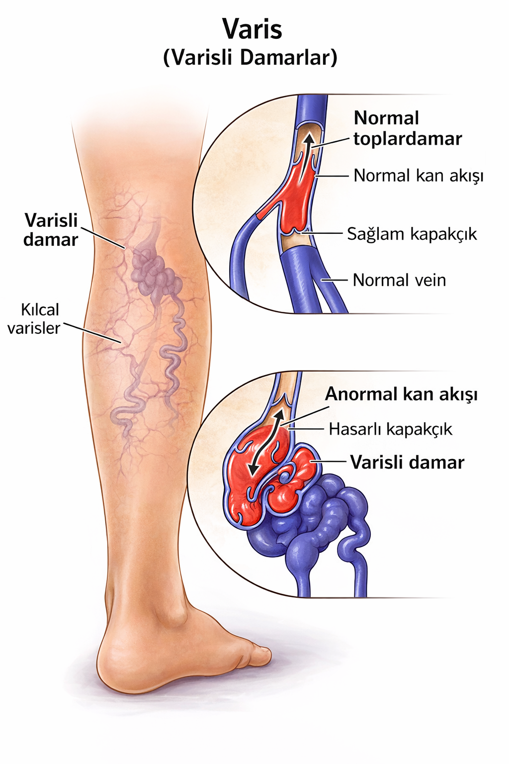 Varisli damarlar ve normal damarlar